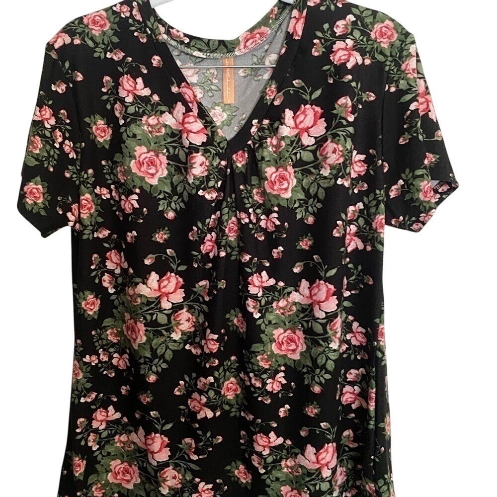 NWOT Liz & Lilli Cottagecore Floral Top Black Pink Short Sleeve Womens Large
